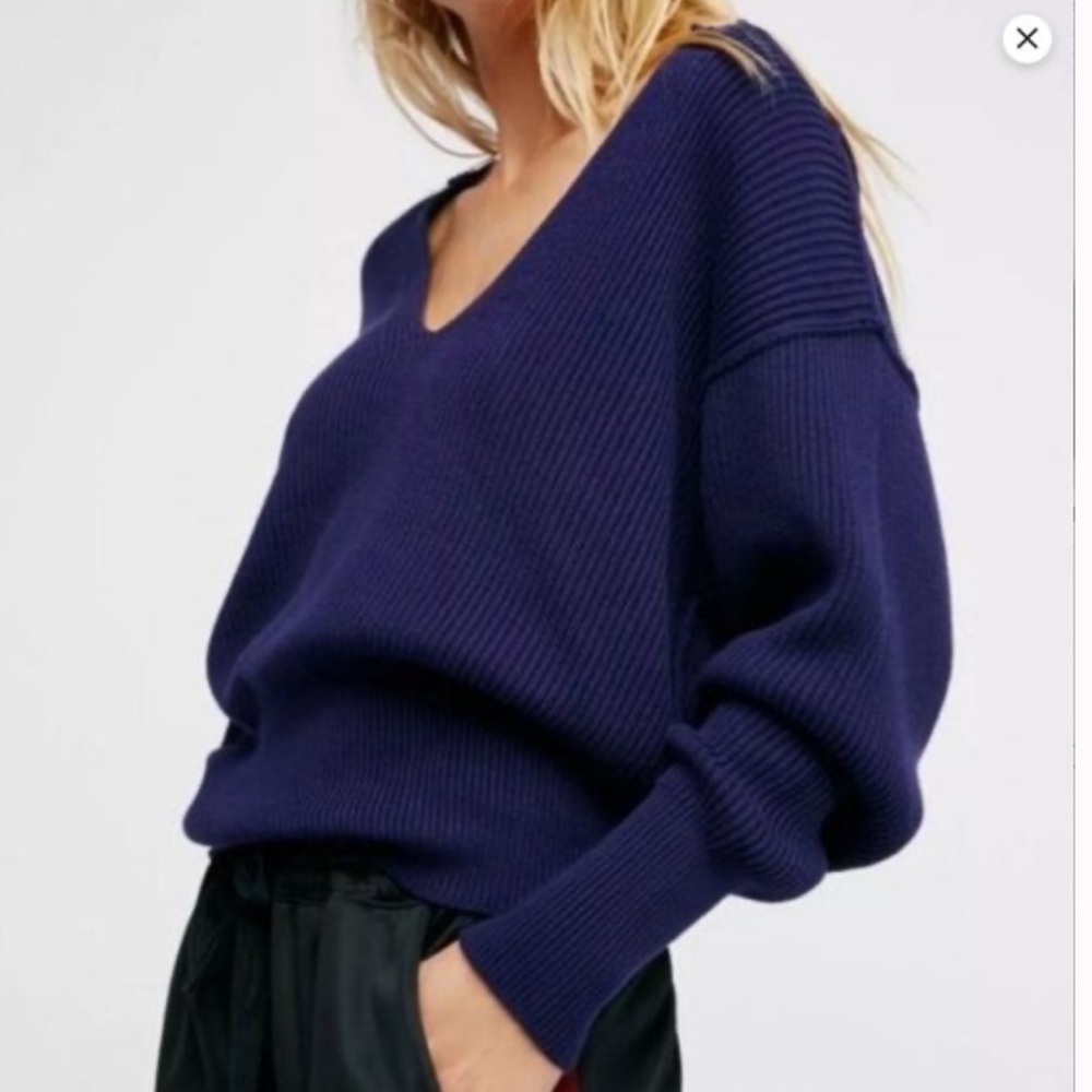 Free People Allure Navy Ribbed V-Neck Long Sleeve Pull Over Sweater XS